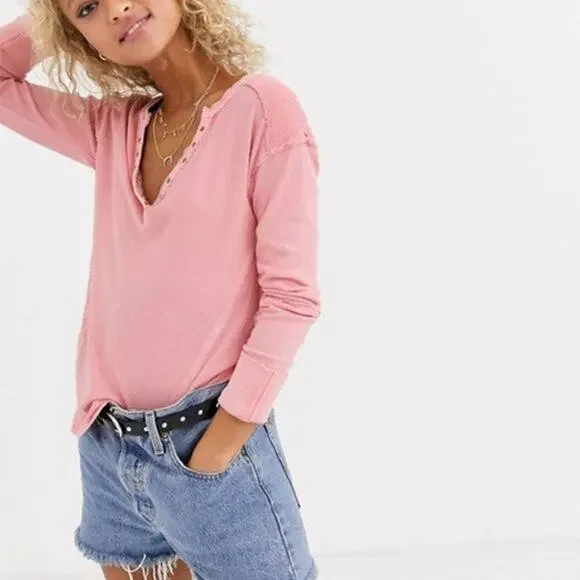 Free People Pink Military Mix Studded Henley Long Sleeve Top - Picture 1 of 12